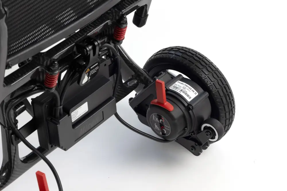 Monarch MM60 lightweight electric wheelchair rear motor wheel and suspension detail