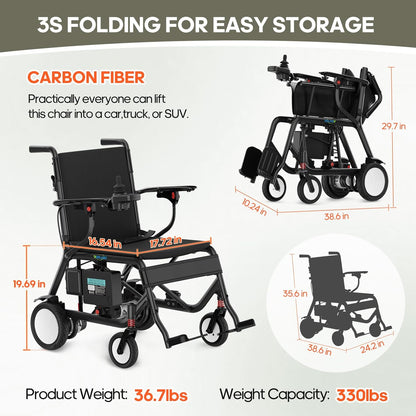 Electric Wheelchair for Adults Carbon Fiber Foldable Motorized Wheelchair Ultra Lightweight 36 Lbs