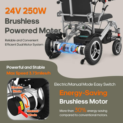 Reclining Electric Wheelchair for Adults Foldable Power Motorized Wheelchair Reclining Backrest All Terrain Electric Wheelchair for Seniors Portable Airline Approved Sliver