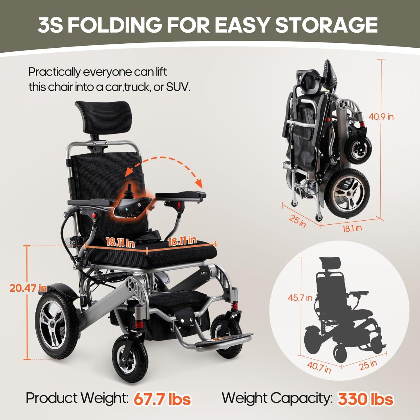 Reclining Electric Wheelchair for Adults Foldable Power Motorized Wheelchair Reclining Backrest All Terrain Electric Wheelchair for Seniors Portable Airline Approved Sliver