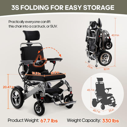 Reclining Electric Wheelchair for Adults Foldable Power Motorized Wheelchair Reclining Backrest All Terrain Electric Wheelchair for Seniors Portable Airline Approved Sliver