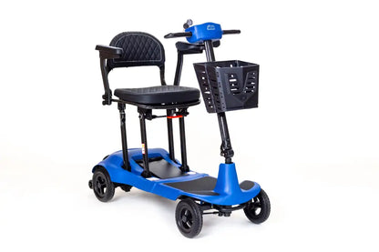 Blue Monarch Mobility Genie Ultralight folding mobility scooter with padded seat, armrests, and front basket.