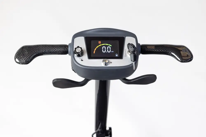 Close-up of the Monarch Mobility Genie Ultralight scooter’s handlebars, digital display, and key ignition.