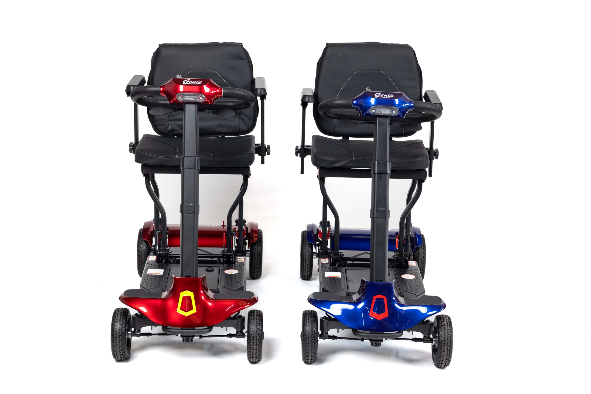 Monarch Mobility Genie folding mobility scooters in red and blue