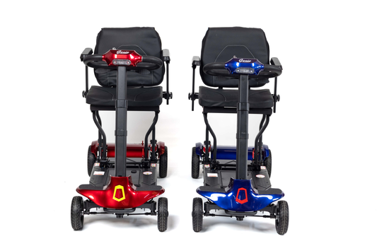 Monarch Mobility Genie folding mobility scooters in red and blue