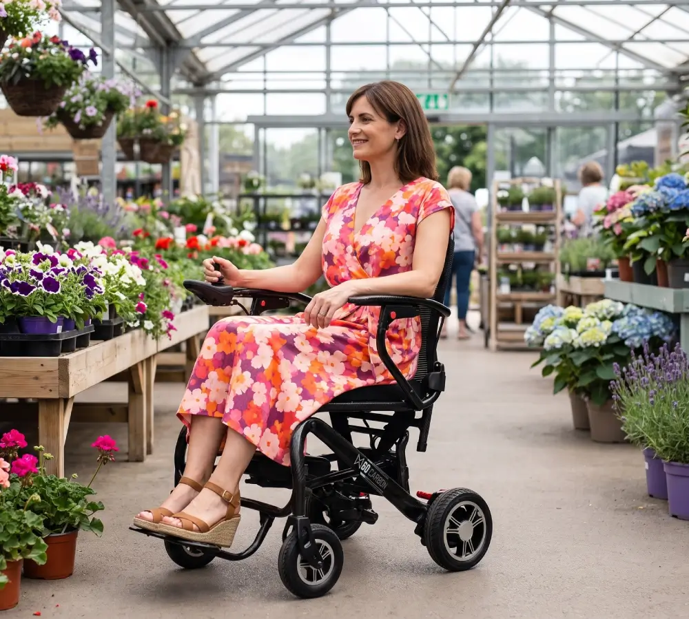 Woman using Monarch MM60 lightweight electric wheelchair in a garden center