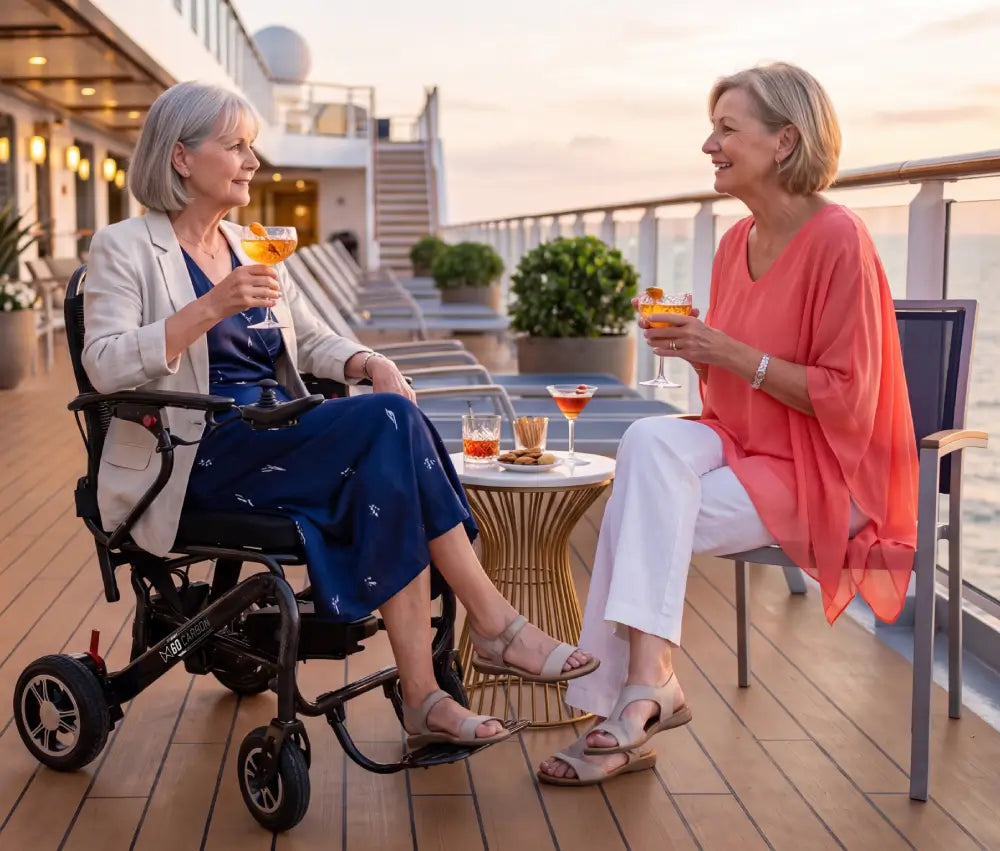 Woman using Monarch MM60 lightweight electric wheelchair on a cruise ship deck