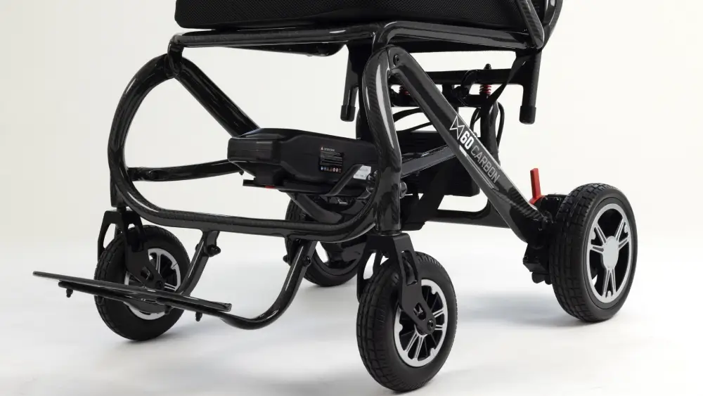 Monarch MM60 carbon lightweight electric wheelchair frame battery and wheel detail