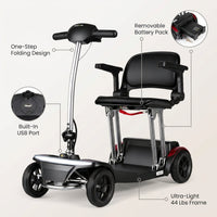 Mobility Scooter for Seniors & Adults Foldable, Airline Approved, 44Lbs Lightweight 4 Wheel Electric Scooter, Portable for Travel, with Removable Battery & USB Port — infographic