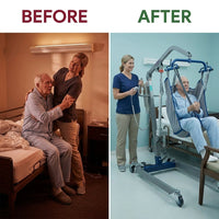 Portable Hydraulic Mobility Transfer Lift for Home Use - 6 Point Spreader - with Electric Upgrade - Expandable Base, Compact — Before & After