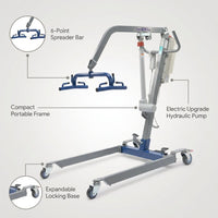 Portable Hydraulic Mobility Transfer  Lift for Home Use - 6 Point Spreader - with Electric Upgrade - Expandable Base, Compact — infographic
