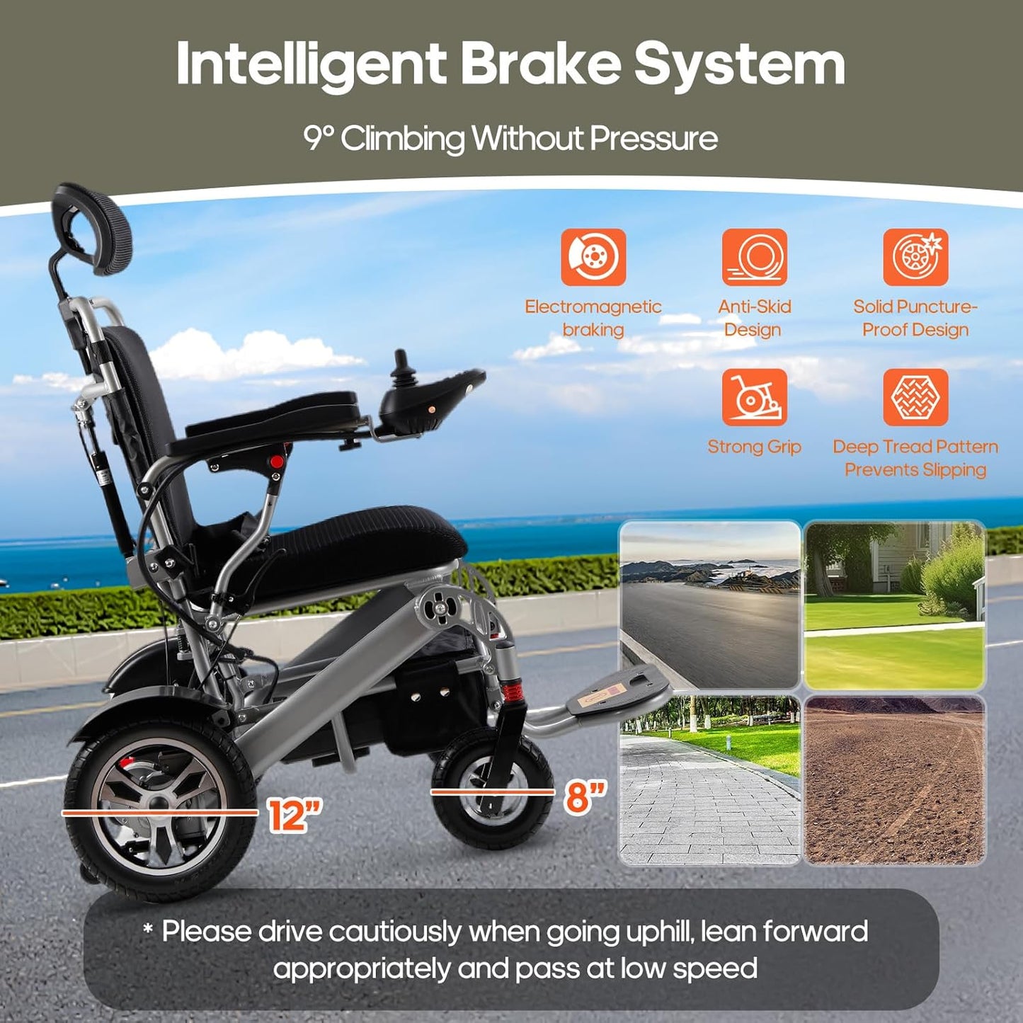 Reclining Electric Wheelchair for Adults Foldable Power Motorized Wheelchair Reclining Backrest All Terrain Electric Wheelchair for Seniors Portable Airline Approved Sliver