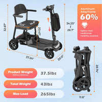 37.5Lb Lightweight Mobility Scooter for Seniors & Adults - Cruise & Airline Approved, Removable Lithium Battery, Foldable Portable Travel Motorized Scooter, No Assembly Needed, 12.4Miles Range, Black