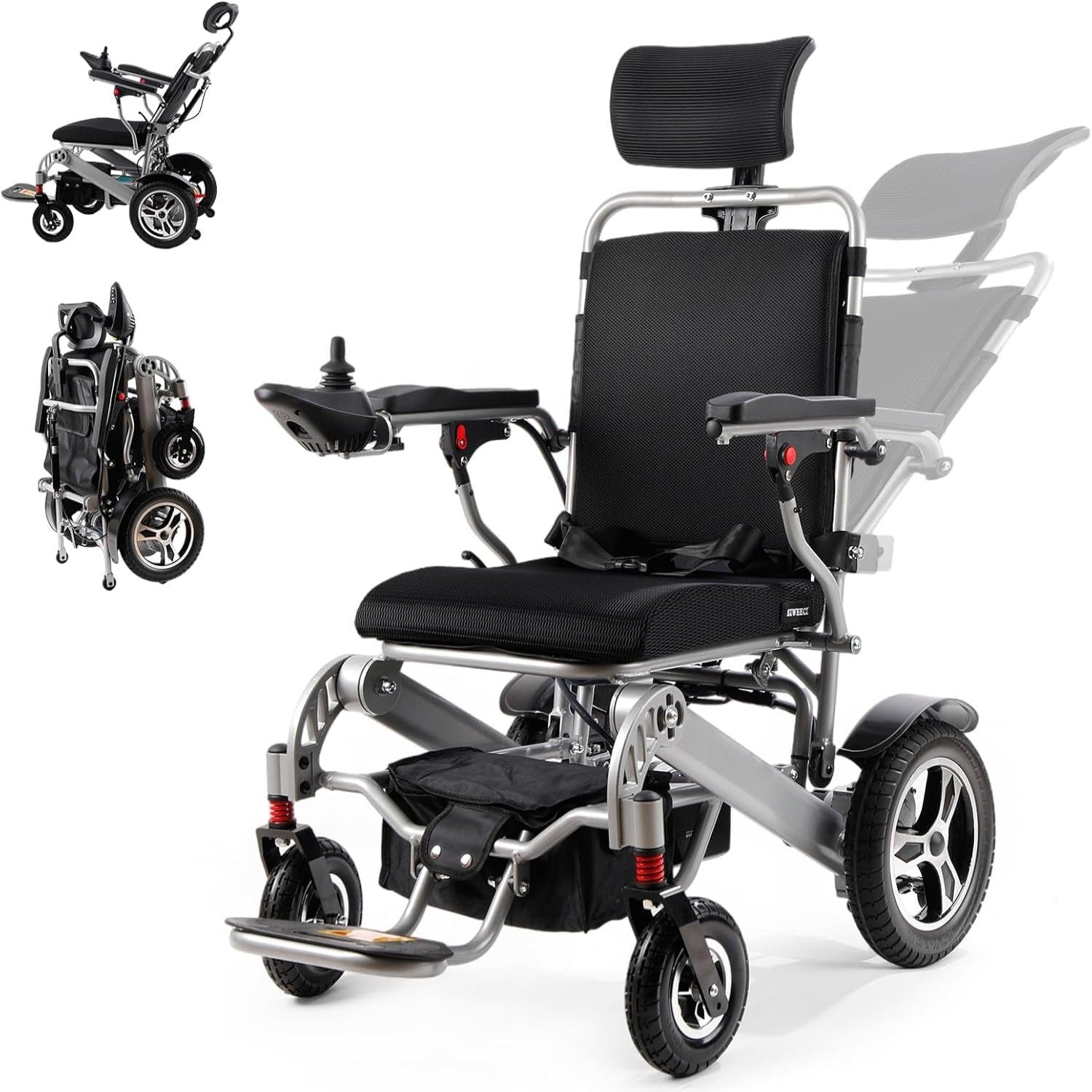 Reclining Electric Wheelchair for Adults Foldable Power Motorized Wheelchair Reclining Backrest All Terrain Electric Wheelchair for Seniors Portable Airline Approved Sliver