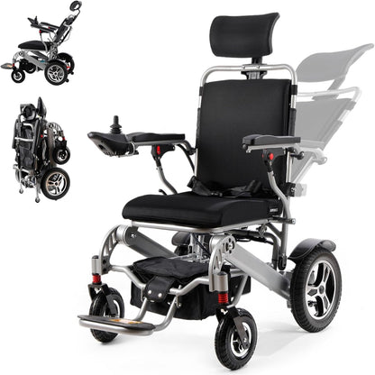 Reclining Electric Wheelchair for Adults Foldable Power Motorized Wheelchair Reclining Backrest All Terrain Electric Wheelchair for Seniors Portable Airline Approved Sliver