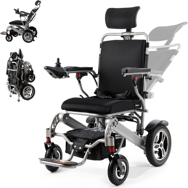 Reclining Foldable Electric Wheelchair for Adults & Seniors, All-Terrain, Airline Approved Silver